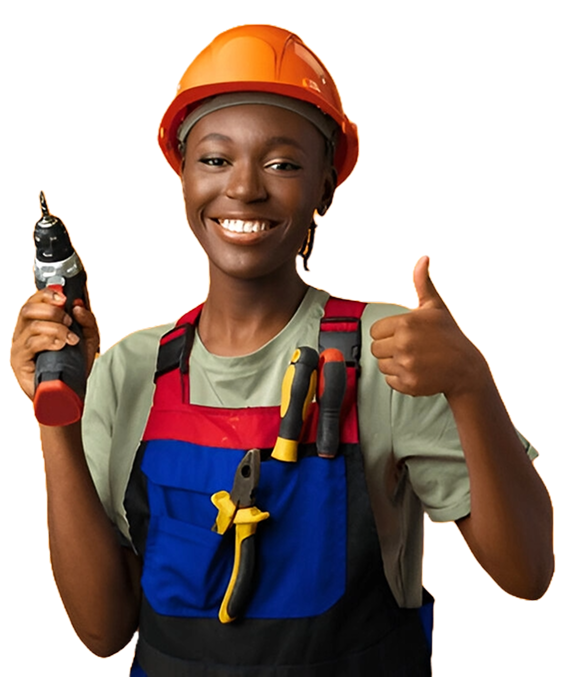 Smiling female plumber wearing an orange hard hat and holding a power drill giving a thumbs-up – Bomba Plumbers service professional.
