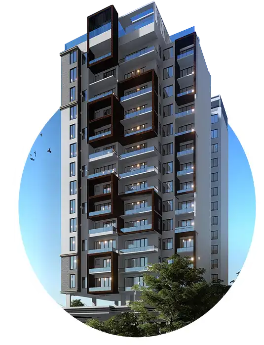 Modern high-rise apartment building rendering representing large-scale construction plumbing projects.