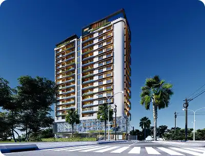 Rendering of a modern condominium building with palm trees and a crosswalk – Bomba Plumbers development project.