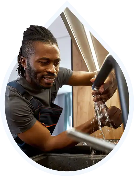 Illustration of a plumber repairing a leaking faucet inside a droplet-shaped frame – Bomba Plumbers service