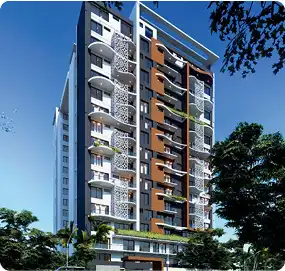 Contemporary high-rise building with orange facade and balconies showcasing Bomba Plumbers’ construction capabilities.